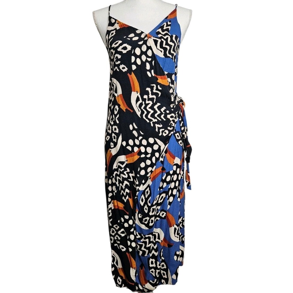 Farm Rio Anthropologie Wrap Dress Sz XS Midi Tropical Toucan Bird Mixed‎ Print